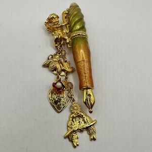 Kirks Folly Fountain Pen Brooch Pin Charms Cherub Angel Hearts Love Birds Bee